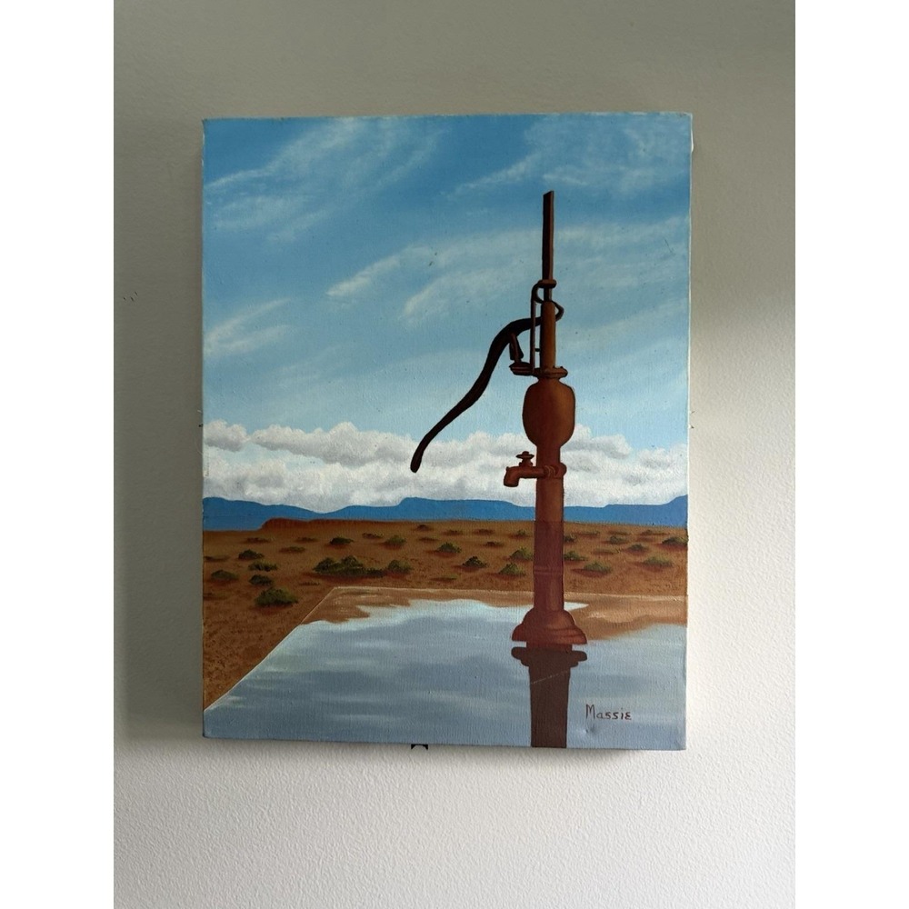 Massie Signed Original Oil Painting Canvas Desert Landscape Water Pump